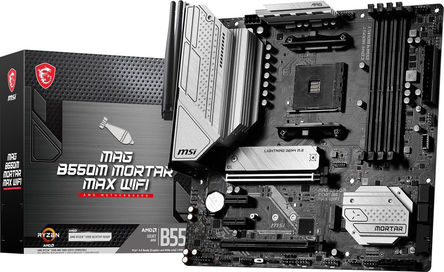 MSI MAG B550M Mortar MAX WiFi Gaming / AMD Ryzen 5000 Series / AM4 / DDR4 / PCIe 4.0 / SATA 6Gb/s / M.2 / USB 3.2 Gen 2 / HDMI/DP / Wi-Fi 6E, / Bluetooth 5.2 / 2.5Gbps LAN / Micro ATX
